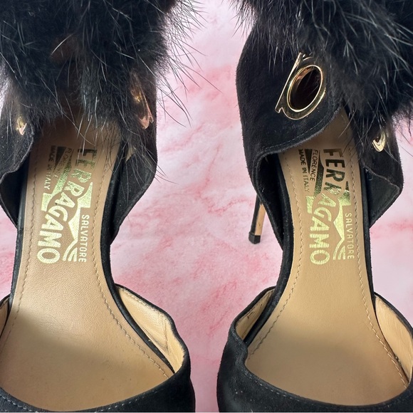 SALVATORE FERRAGAMO Francesca Mink Trim Suede Leather Pumps Black Sz 5.5 - Picture 4 of 16